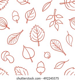 Vector pattern with leaves. Seamless autumn ornament. Fall season background. Nuts, acorns, leaves, berries, mushrooms.
