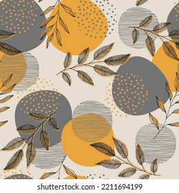 Vector pattern with leaves, stripes and dots. Scandinavian style. Linear boho sketch