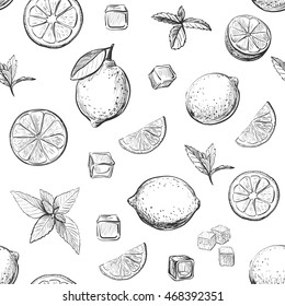 Vector pattern lemonade ingredients on a white background. 