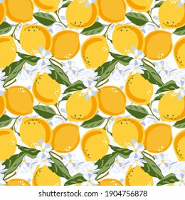 Vector pattern with lemons, flowers and leaves. Yellow lemon vector. Bright summer lemon fruit seamless pattern background with flowers, leaves and blossoms. A fruit high in vitamin C. 