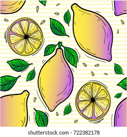 Vector pattern of lemons with green leaves.