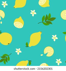 Patrón vectorial. Lemones, hojas y flores. Citrus, fruta puesta. Patrón sin foco, fondo de pantalla.