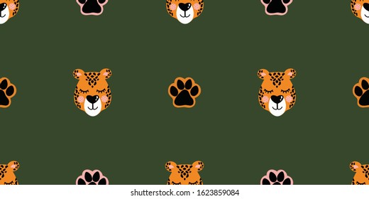Vector pattern with leopard head and paw prints. Seamless pattern for bed linen, wrapping paper, fabric. Vector illustration on green background