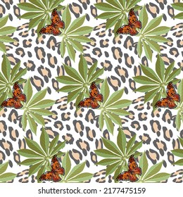 Vector pattern with leopard print.Butterflies, palm leaves and leopard print in a seamless vector pattern.