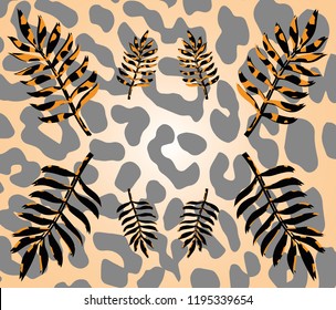 Vector pattern with leopards and tropical leaves. Trendy style.