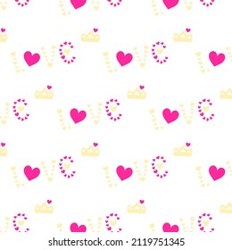 Vector pattern with the lettering of love which is made up of hearts with decorative elements. Hand drawn style.