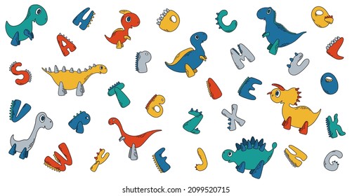 Vector pattern with letters of English alphabet and eight different dinosaurs in bright colors. Children’s poster with bright illustrations. 