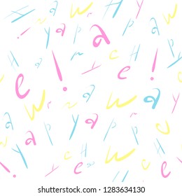 Vector pattern, letters and sign of the English alphabet are chaotically located on a white background and make up the phrase "Happy New Year!".