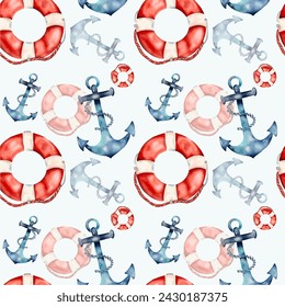 Vector pattern with a lifebuoy and anchor. Seamless pattern design for a wrapping paper, summer camp, diving club, textile print