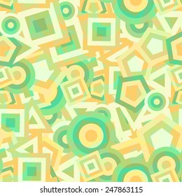 Vector pattern for light background or packaging material. Bright geometric seamless design. Triangles, squares, polygons, circles in random order.