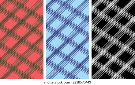 vector pattern. Light blue, green, red ,black and white squares with thin black dotted line. Seamless geometric background for men's clothing, wrapping paper. Set blue rhombus plaid prints. Vector ill