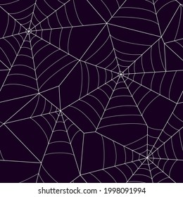 Vector pattern with light gray spider webs on a purple background. Design for the decoration of materials for the Halloween holiday - backgrounds, packaging, fabrics, cards, etc.