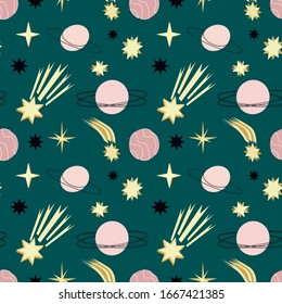 Vector pattern with light pink planets,stars, comets and meteorites on a emerald green background.Pattern for fabric,invitations, wrapping paper, cards and other material.
