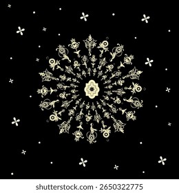 Vector pattern of light yellow openwork elements on a black background.