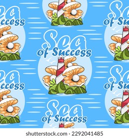Vector pattern lighthouse, shell with a pearl and lettering Sea of Success in cartoon comic style.