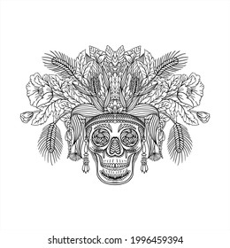 Vector pattern with line drawn decorative human skull in flowers and leaves of different herbs. Sketch for a tattoo. Texture for printing for the holidays "Death Day" or "Halloween"