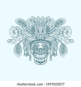 Vector pattern with line drawn decorative human skull in flowers and leaves of different herbs. Sketch for a tattoo. Texture for printing for the holidays "Death Day" or "Halloween"