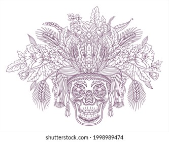 Vector pattern with line drawn decorative human skull in flowers and leaves of different herbs. Sketch for a tattoo. Texture for printing for the holidays "Death Day" or "Halloween"