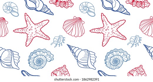 vector pattern line drawn shells red and blue colors on the white  background