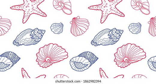 vector pattern line drawn shells red and blue colors on the white  background