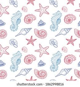 vector pattern line drawn shells, sea horse, starfish red and blue colors on the white  background