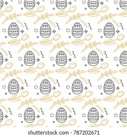 Vector pattern with linear icon flowers and easter decorative eggs on dark gray background. Happy Easter background. Illustration for wrapping paper