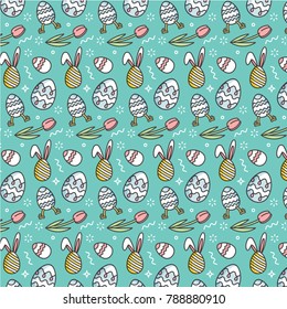 Vector pattern with linear icon flowers and easter decorative eggs on colorful background. Happy Easter background. Illustration for wrapping paper