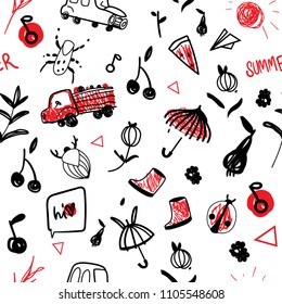 vector pattern line-art children's line monochrome, monochrome with a red accent. Berries are beetles of pears and apples. Children's cute drawing. Pattern for boys. Umbrella, galoshes, truck with fru