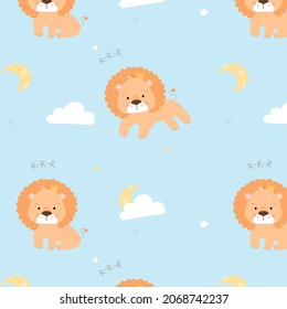 Vector pattern with lions on a blue background. Cute animals with stars, clouds and the moon. Детский векторный паттерн с милыми львами. Текстура для ткани, текстиля, обоев, одежды. Пастельный фон.