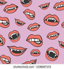 Vector pattern lips with vampire teeth