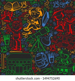 Vector pattern with little children. Back to school. Geography, geometry, mathematics, physics, chemistry, astronomy