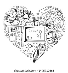 Vector pattern with little children. Back to school. Geography, geometry, mathematics, physics, chemistry, astronomy