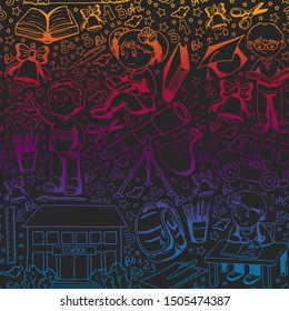 Vector pattern with little children. Back to school. Geography, geometry, mathematics, physics, chemistry, astronomy