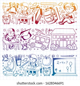 Vector pattern with little children. Back to school. Geography, geometry, mathematics, physics, chemistry, astronomy