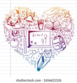 Vector pattern with little children. Back to school. Geography, geometry, mathematics, physics, chemistry, astronomy