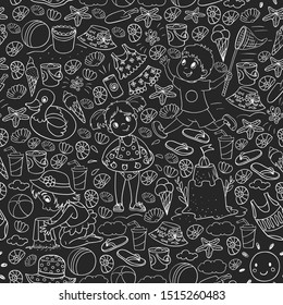 Vector pattern with little children. Family summer vacations. Kids playing with seashells, building sandcastles. Swimming and relaxation illustration for summer.
