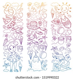 Vector pattern with little children. Family summer vacations. Beach, ocean, island, sun. Kids play. Swimming and relaxation.