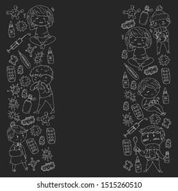 Vector pattern with little children. Illustration of Child diseases, flu, and illness.