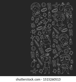 Vector pattern with little children. Illustration of Child diseases, flu, and illness.