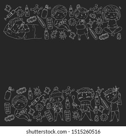 Vector pattern with little children. Illustration of Child diseases, flu, and illness.