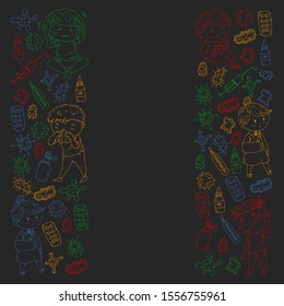 Vector pattern with little children. Illustration of Child diseases, flu, illness