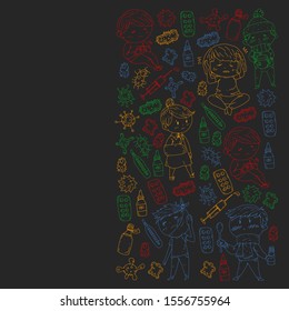 Vector pattern with little children. Illustration of Child diseases, flu, illness
