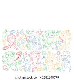 Vector pattern with little children. Illustration of Child diseases, flu, illness