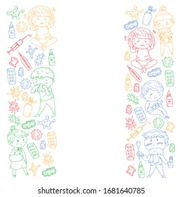 Vector pattern with little children. Illustration of Child diseases, flu, illness