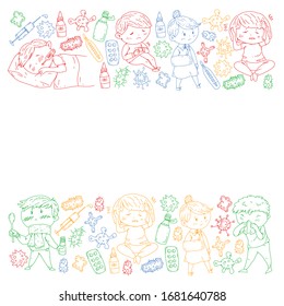 Vector pattern with little children. Illustration of Child diseases, flu, illness