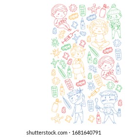 Vector pattern with little children. Illustration of Child diseases, flu, illness