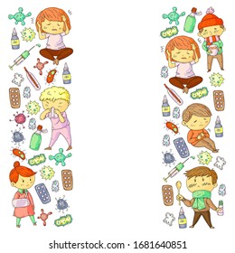 Patrón vectorial con niños pequeños. Ilustración de las enfermedades infantiles, la gripe y la enfermedad
