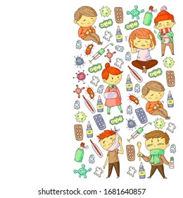 Vector pattern with little children. Illustration of Child diseases, flu, illness