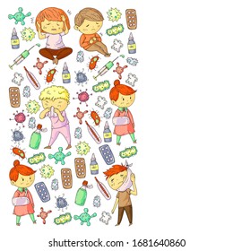 Patrón vectorial con niños pequeños. Ilustración de las enfermedades infantiles, la gripe y la enfermedad