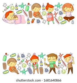 Vector pattern with little children. Illustration of Child diseases, flu, illness